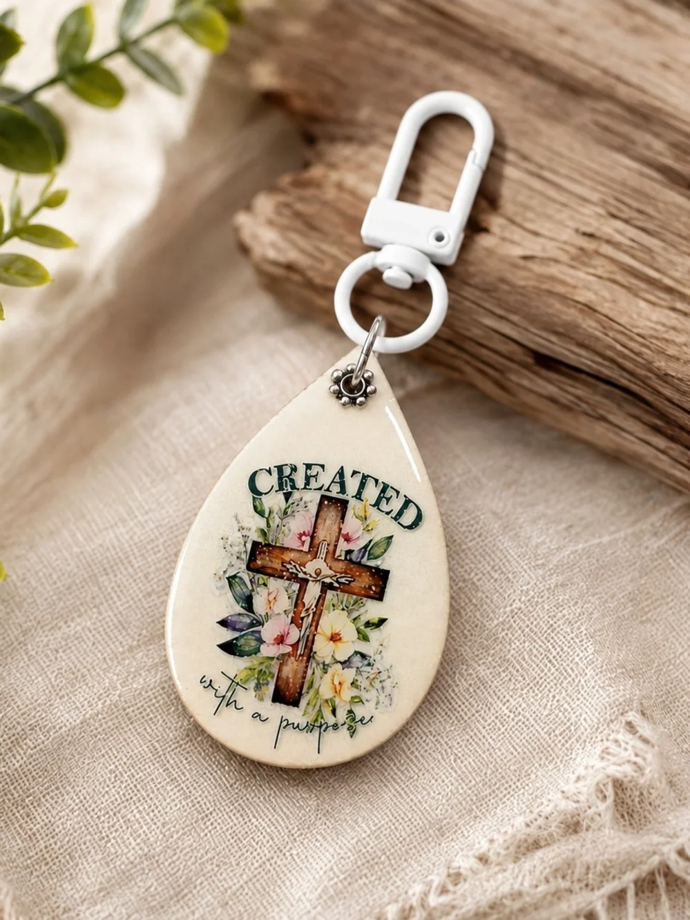 Created With A Purpose Floral Cross Keychain - Cream